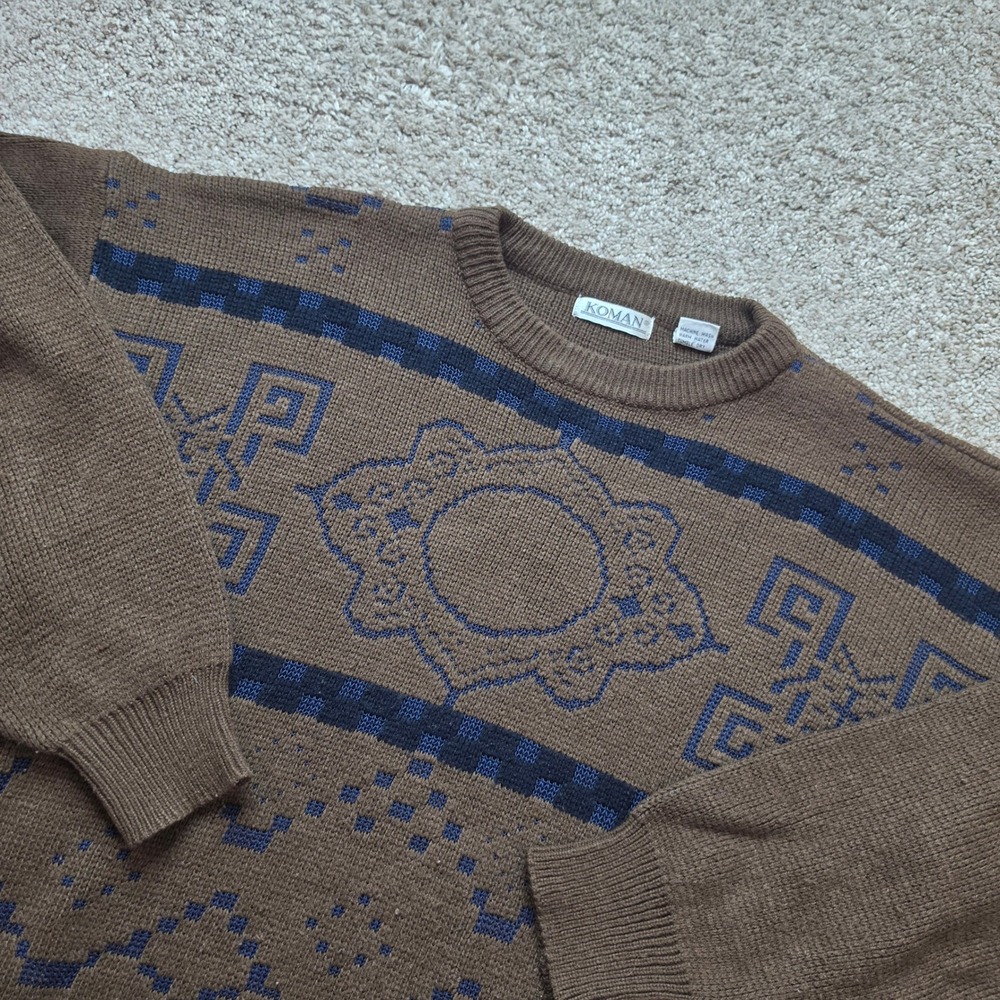 VINTAGE Koman Sweater Mens Small Brown Blue Geometric Acrylic Knit 90s Retro